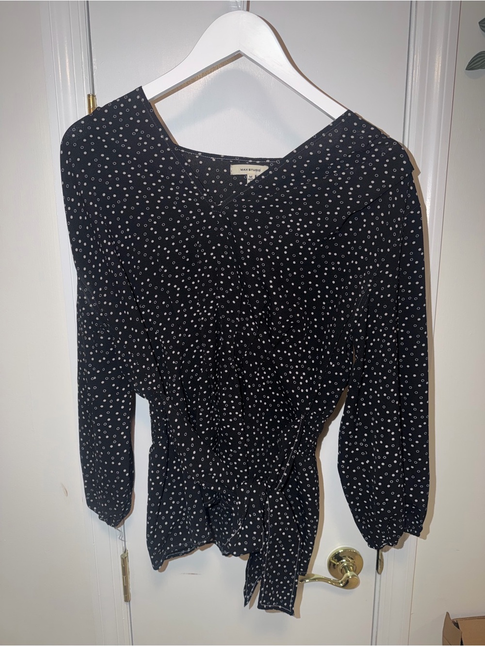 Max Studio Black Polka Dot Wrap Blouse